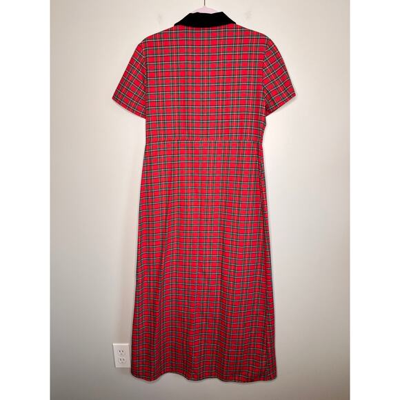 1990s Ragsland Christmas Tartan Corduroy Collar Holiday Maxi Button Up Dress M - Picture 5 of 5